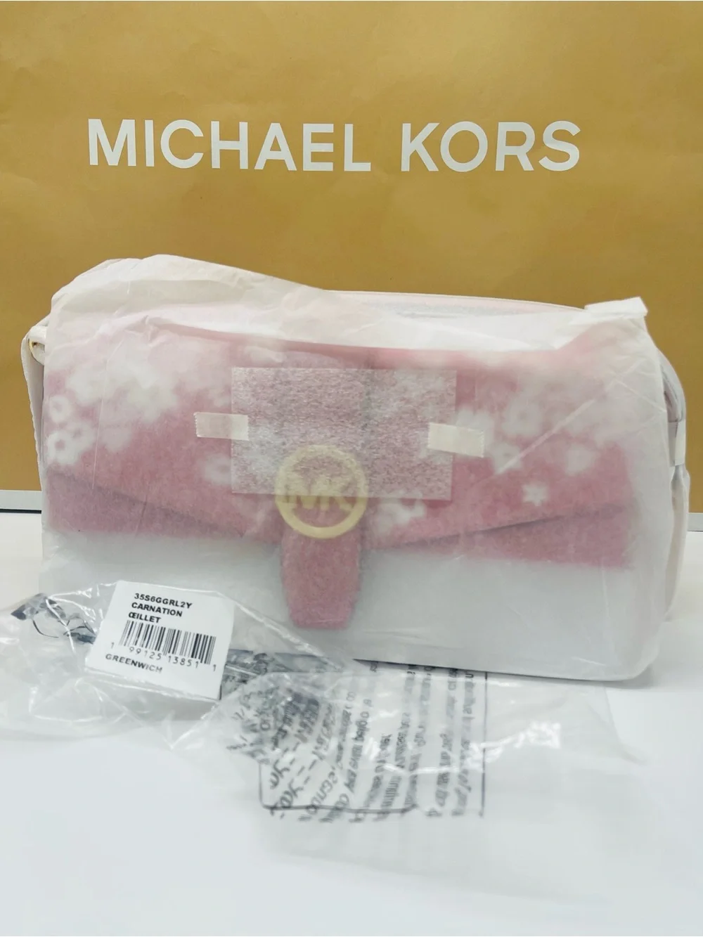 MICHAEL KORS Greenwich Md Printed MK Logo Convertible Shoulder Carnation  NWT